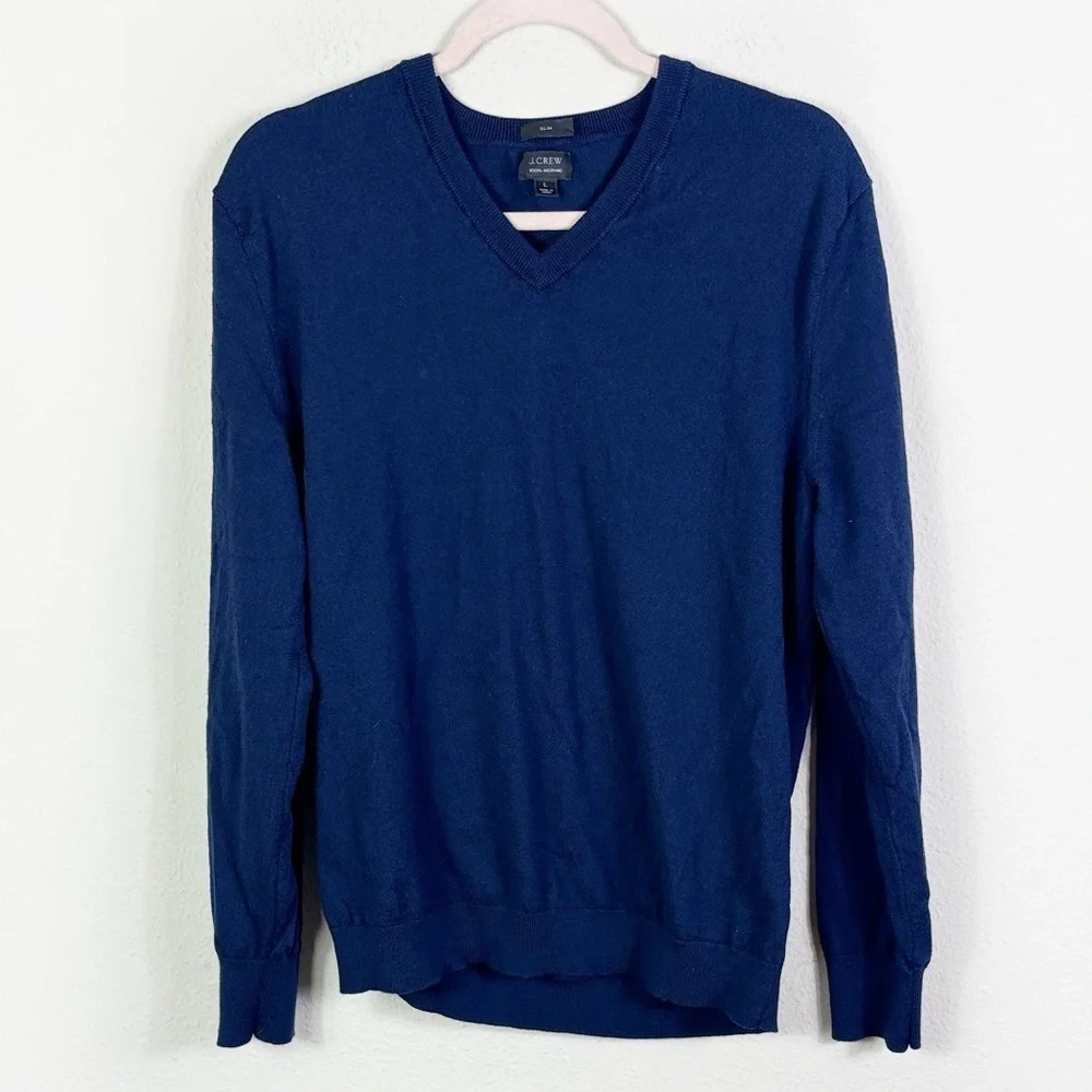J. Crew 100% Merino Wool V-neck Dark Navy Blue Slim Pullover Sweater size Large